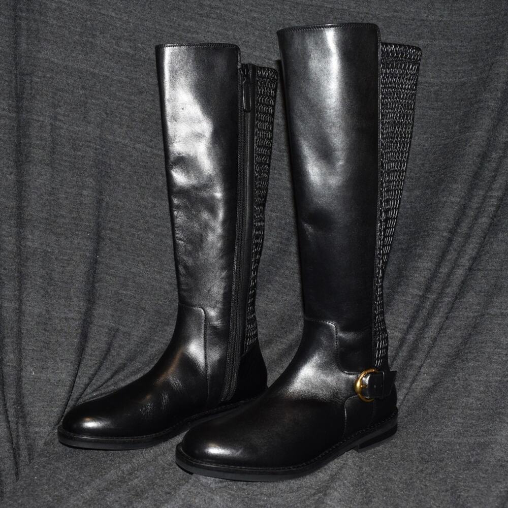 Cole Haan Women's 5.5 B Clover Stretch Side-Buckle Riding Boots Black Side Zip